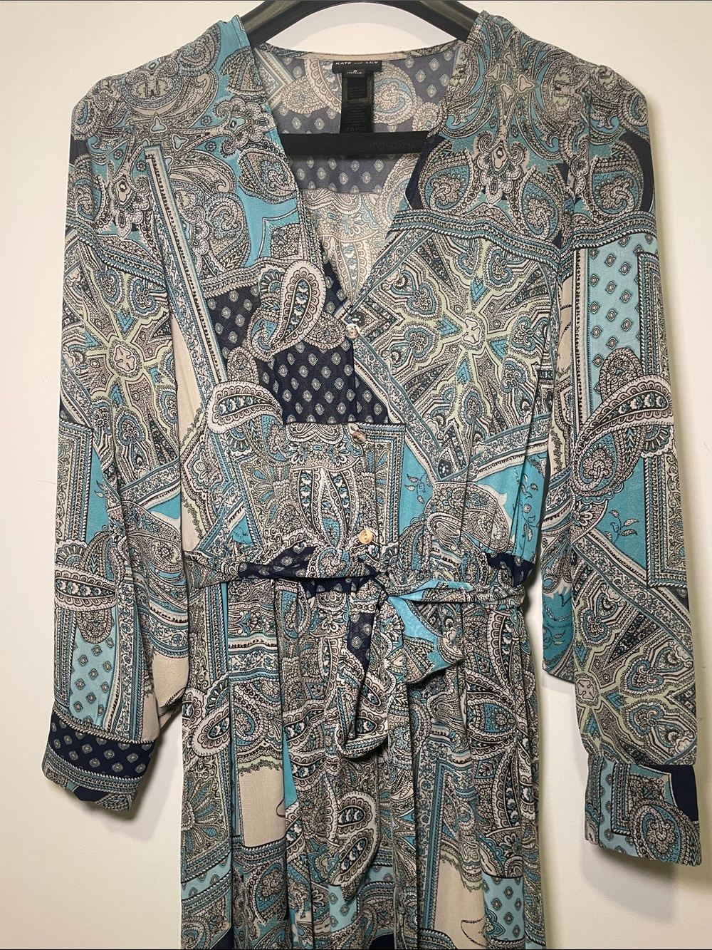 NWOT - KATE AND LILY - Maxi Dress Long Sleeve Paisley Teal/Navy Waist Tie - Picture 4 of 7